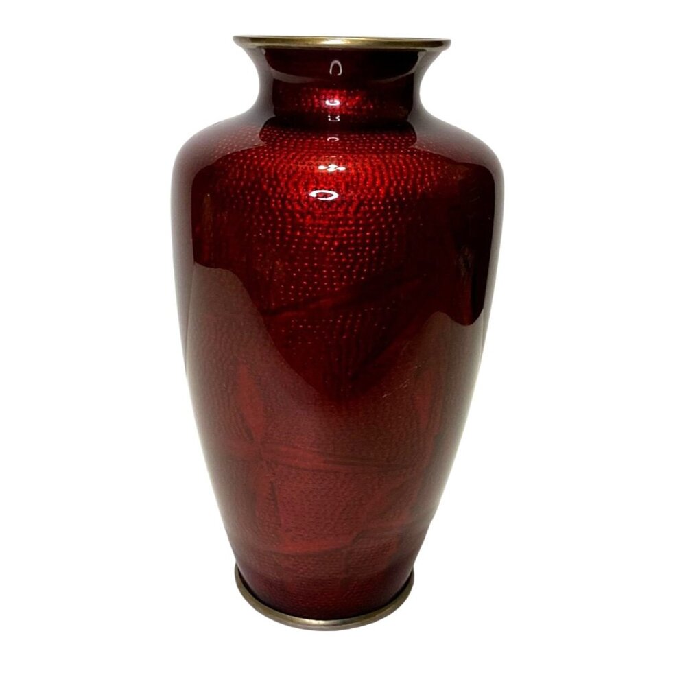 Vtg Signed Sato Red Pigeon Blood Japanese Cloisonne Silver Vase 7.25" Tall - Picture 3 of 8